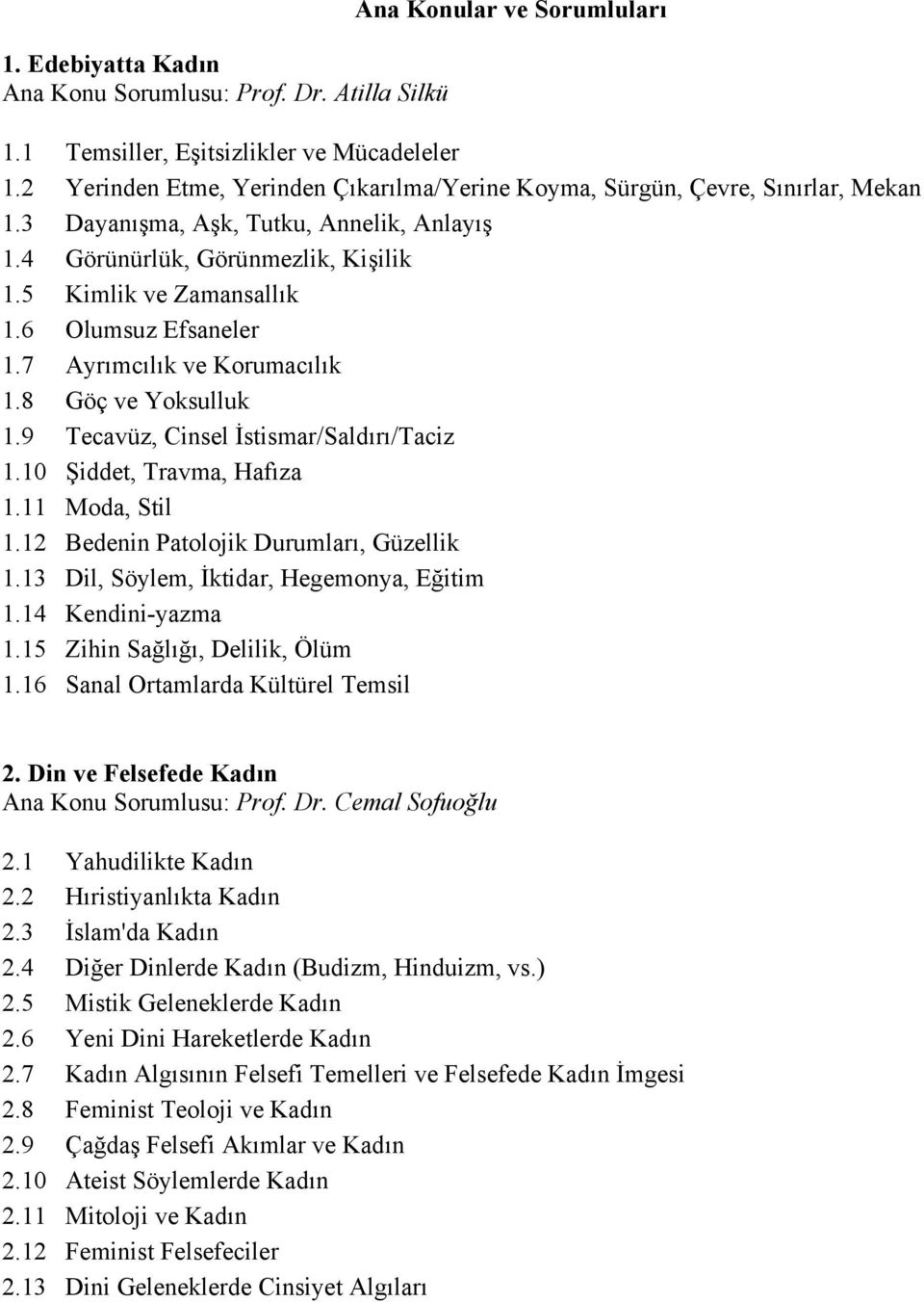 6 Olumsuz Efsaneler 1.7 Ayrımcılık ve Korumacılık 1.8 Göç ve Yoksulluk 1.9 Tecavüz, Cinsel İstismar/Saldırı/Taciz 1.10 Şiddet, Travma, Hafıza 1.11 Moda, Stil 1.