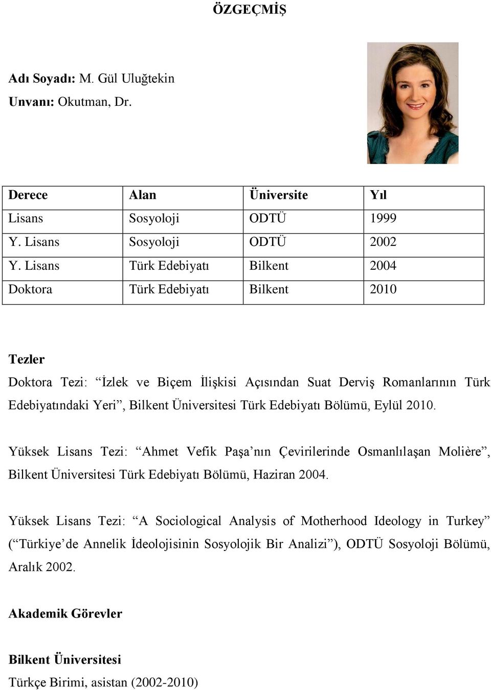 Üniversitesi Türk Edebiyatı Bölümü, Eylül 2010. Yüksek Lisans Tezi: Ahmet Vefik Paşa nın Çevirilerinde Osmanlılaşan Molière, Bilkent Üniversitesi Türk Edebiyatı Bölümü, Haziran 2004.