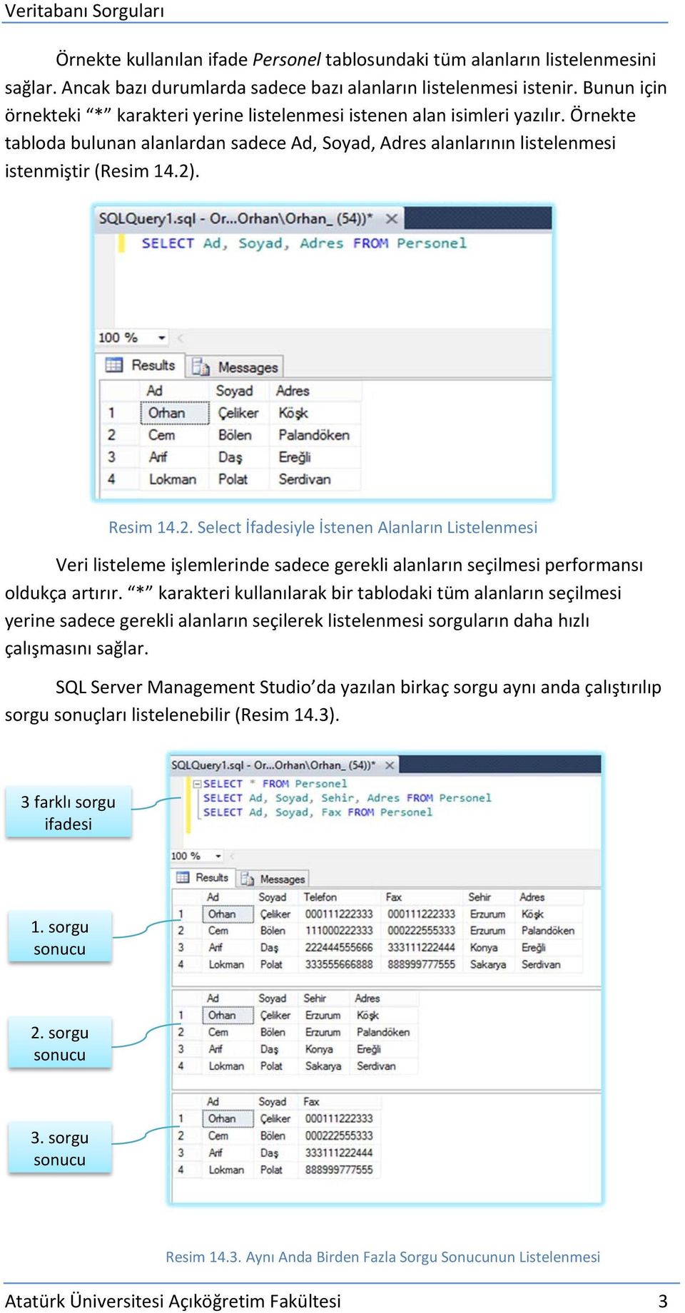 Resim 14.2. Select İfadesiyle İstenen Alanların Listelenmesi Veri listeleme işlemlerinde sadece gerekli alanların seçilmesi performansı oldukça artırır.