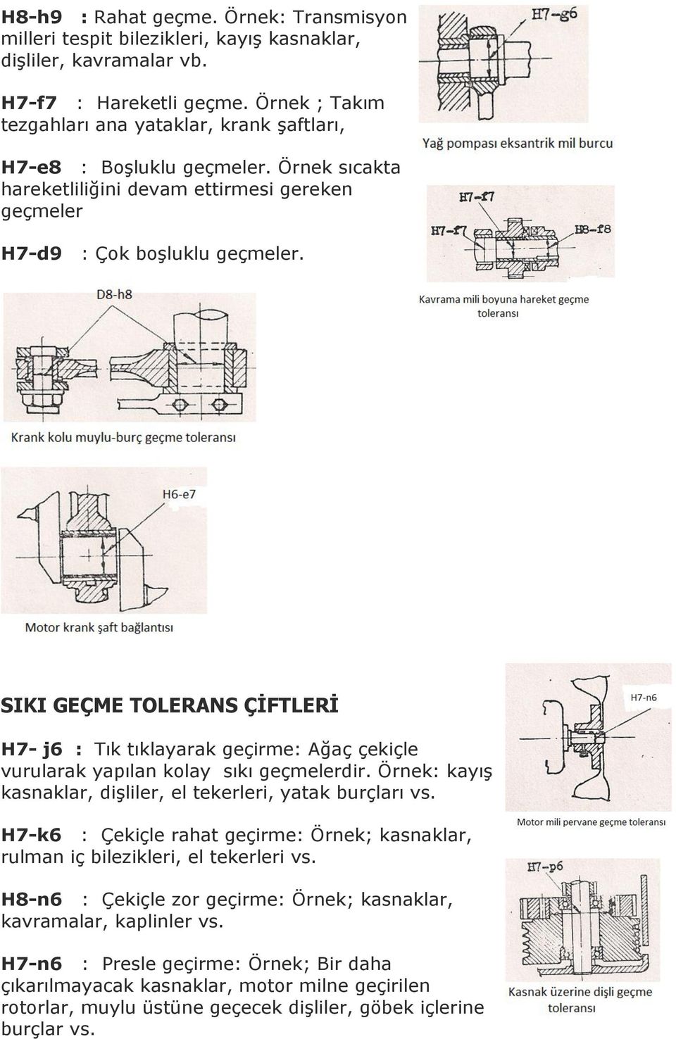 SIKI GEÇME TOLERANS ÇİFTLERİ H7- j6 : Tık tıklayarak geçirme: Ağaç çekiçle vurularak yapılan kolay sıkı geçmelerdir. Örnek: kayış kasnaklar, dişliler, el tekerleri, yatak burçları vs.