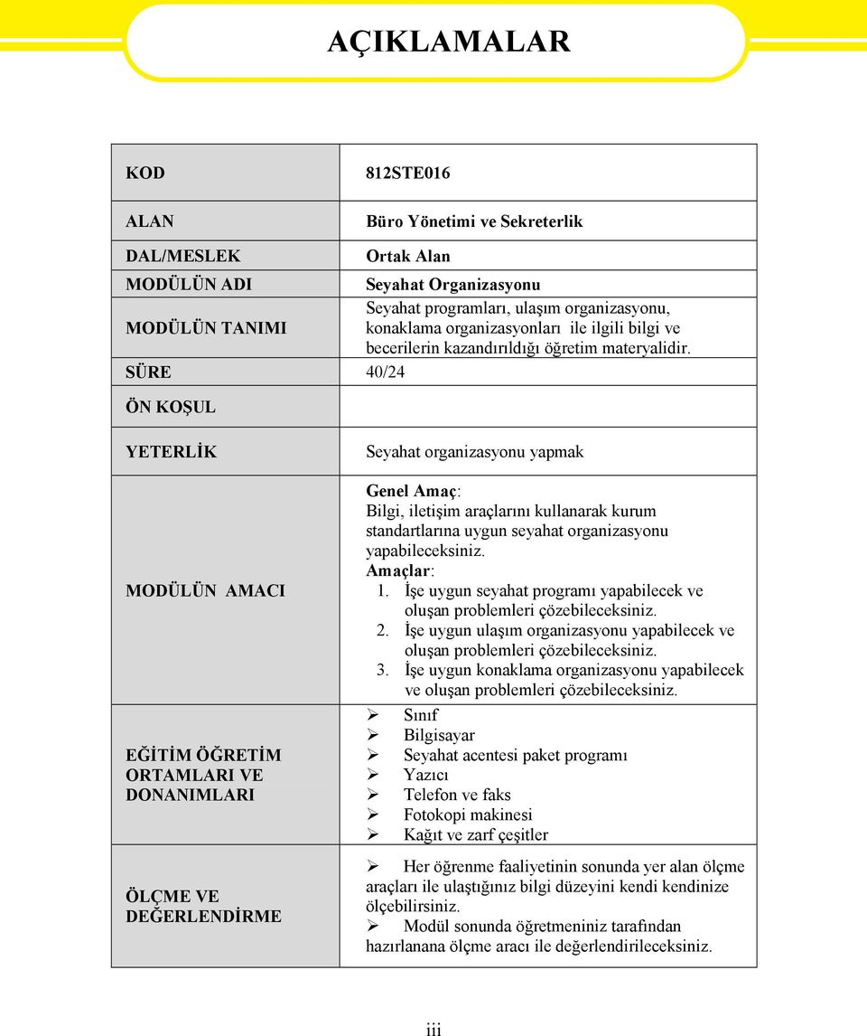 SÜRE 40/24 ÖN KOŞUL YETERLİK MODÜLÜN AMACI EĞİTİM ÖĞRETİM ORTAMLARI VE DONANIMLARI ÖLÇME VE DEĞERLENDİRME Seyahat organizasyonu yapmak Genel Amaç: Bilgi, iletişim araçlarını kullanarak kurum