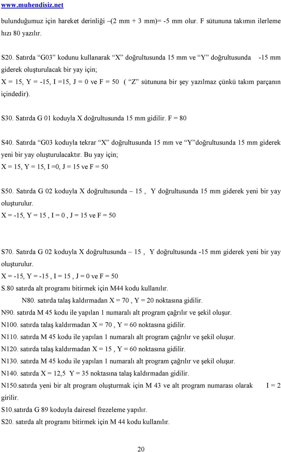 parçanın içindedir). S30. Satırda G 01 koduyla X doğrultusunda 15 mm gidilir. F = 80 S40.
