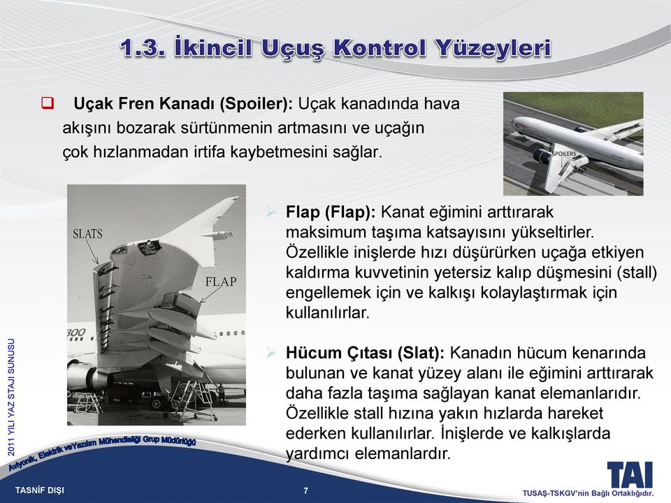 Özellikle inişlerde hızı düşürürken uçağa etkiyen kaldırma kuvvetinin yetersiz kalıp düşmesini (stall) engellemek için ve kalkışı kolaylaştırmak için