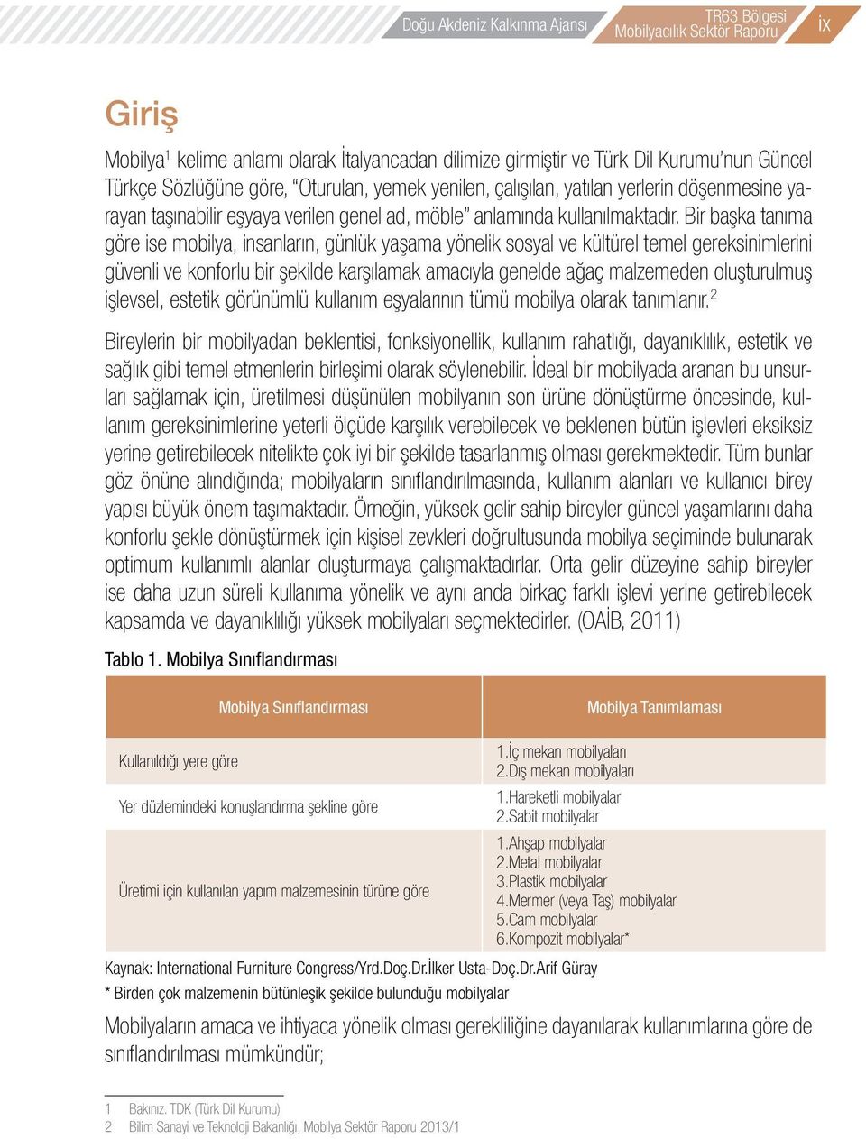 Bir başka tanıma göre ise mobilya, insanların, günlük yaşama yönelik sosyal ve kültürel temel gereksinimlerini güvenli ve konforlu bir şekilde karşılamak amacıyla genelde ağaç malzemeden oluşturulmuş