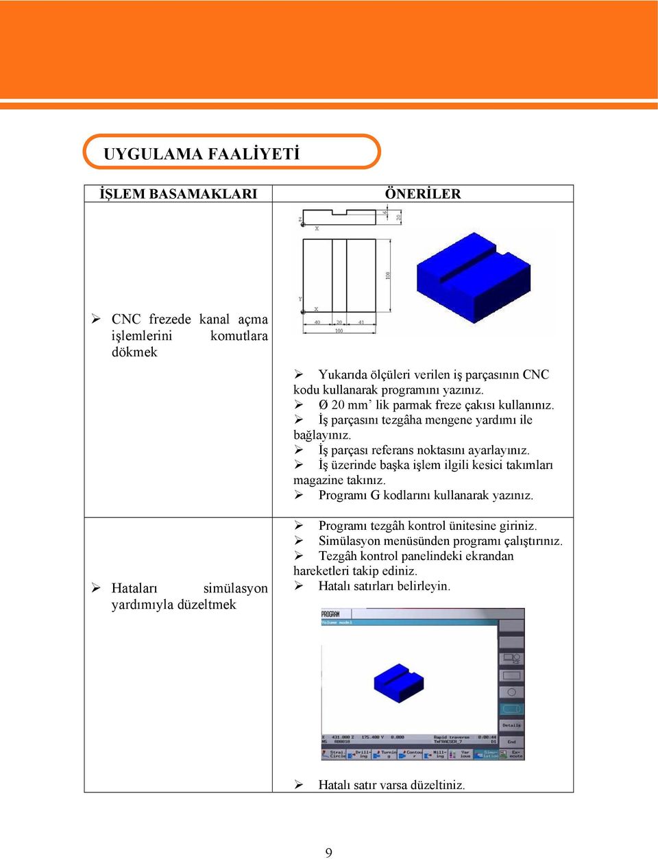 İş parçası referans noktasını ayarlayınız. İş üzerinde başka işlem ilgili kesici takımları magazine takınız. Programı G kodlarını kullanarak yazınız.