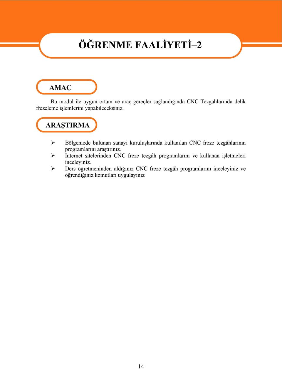 ARAŞTIRMA Bölgenizde bulunan sanayi kuruluşlarında kullanılan CNC freze tezgâhlarının programlarını araştırınız.