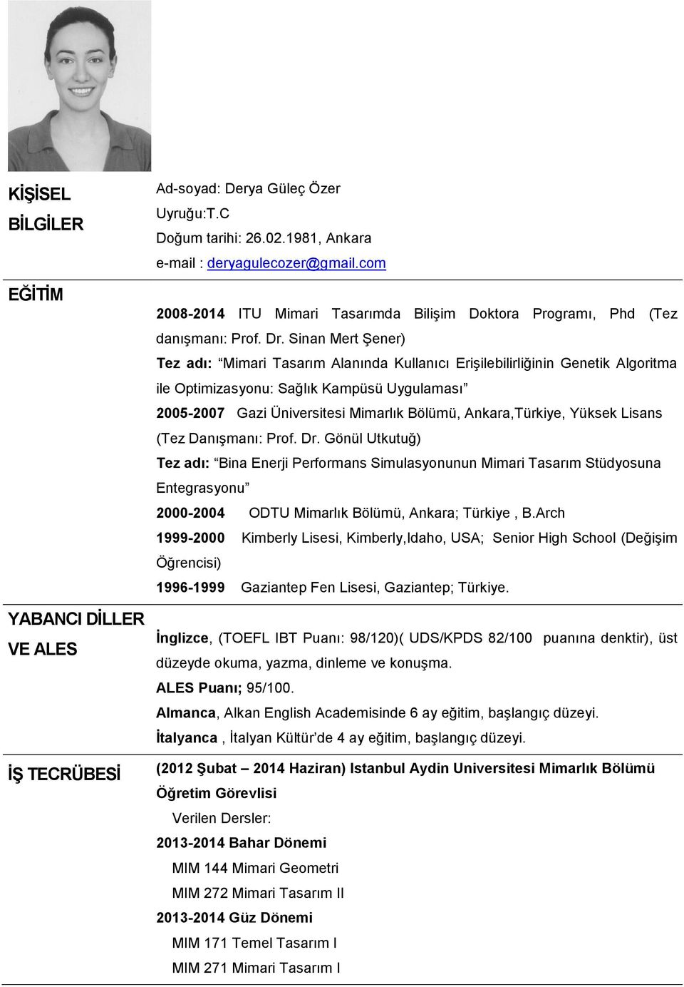 Sinan Mert Şener) Tez adı: Mimari Tasarım Alanında Kullanıcı Erişilebilirliğinin Genetik Algoritma ile Optimizasyonu: Sağlık Kampüsü Uygulaması 2005-2007 Gazi Üniversitesi Mimarlık Bölümü,