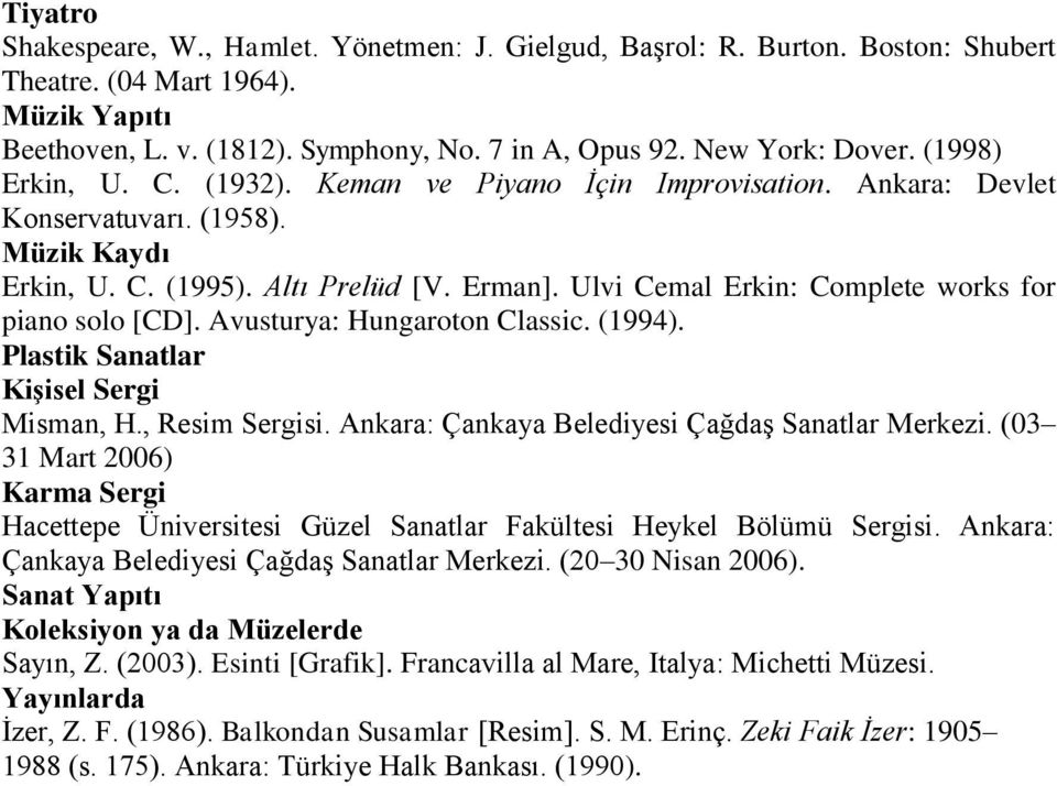 Ulvi Cemal Erkin: Complete works for piano solo [CD]. Avusturya: Hungaroton Classic. (1994). Plastik Sanatlar Kişisel Sergi Misman, H., Resim Sergisi.