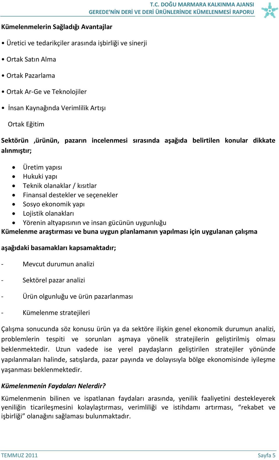 destekler ve seçenekler Sosyo ekonomik yapı Lojistik olanakları Yörenin altyapısının ve insan gücünün uygunluğu Kümelenme araştırması ve buna uygun planlamanın yapılması için uygulanan çalışma