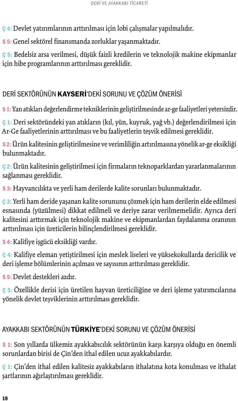 DERI SEKTÖRÜNÜN KAYSERI DEKI SORUNU VE ÇÖZÜM ÖNERISI S 1: Yan atıkları değerlendirme tekniklerinin geliştirilmesinde ar-ge faaliyetleri yetersizdir.