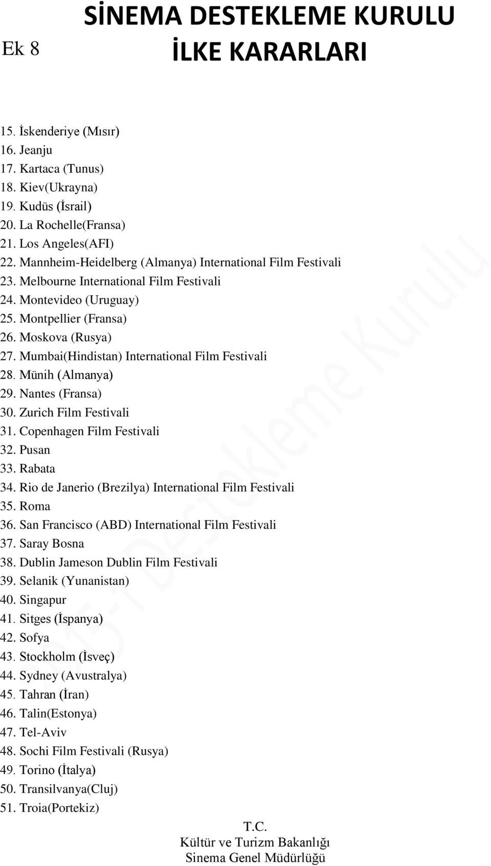 Mumbai(Hindistan) International Film Festivali 28. Münih (Almanya) 29. Nantes (Fransa) 30. Zurich Film Festivali 31. Copenhagen Film Festivali 32. Pusan 33. Rabata 34.