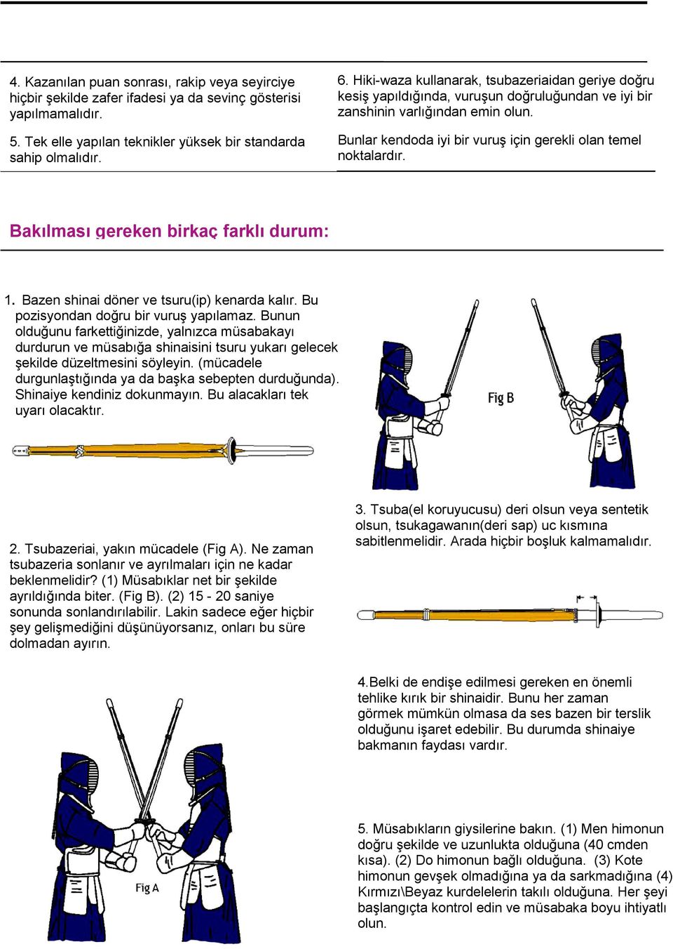 Bunlar kendoda iyi bir vuruş için gerekli olan temel noktalardır. Bakılması gereken birkaç farklı durum: 1. Bazen shinai döner ve tsuru(ip) kenarda kalır. Bu pozisyondan doğru bir vuruş yapılamaz.