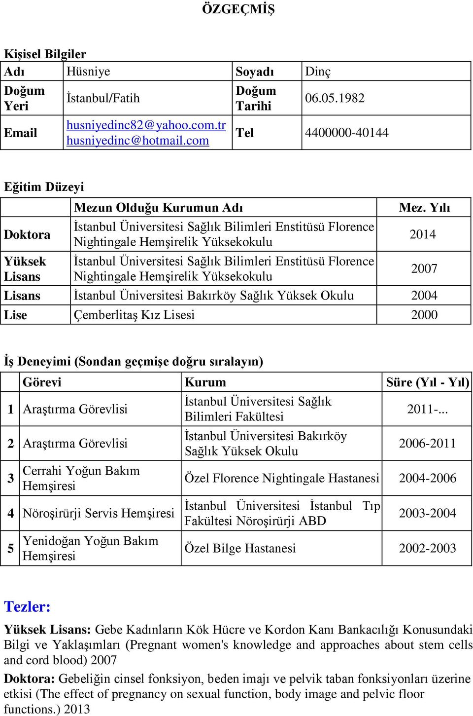 Sağlık Bilimleri Enstitüsü Florence Nightingale Hemşirelik Yüksekokulu Mez.