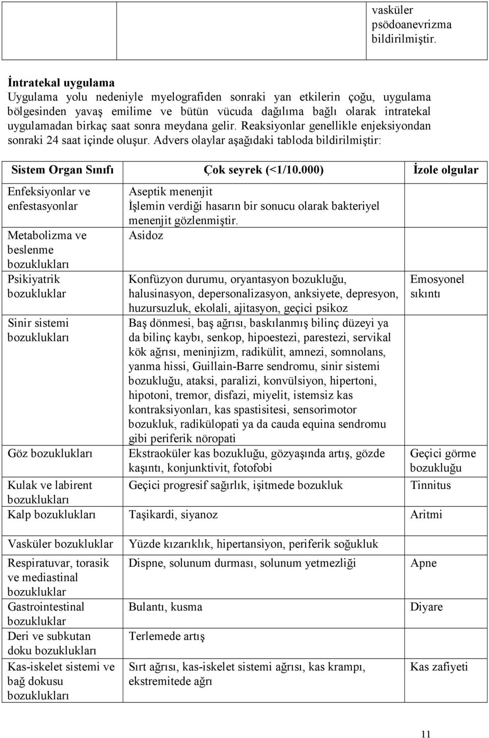 meydana gelir. Reaksiyonlar genellikle enjeksiyondan sonraki 24 saat içinde oluşur. Advers olaylar aşağıdaki tabloda bildirilmiştir: Sistem Organ Sınıfı Çok seyrek (<1/10.