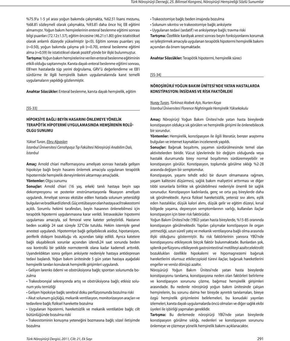 Eğitim sonrası puanları; yaş (r=0.50), yoğun bakımda çalışma yılı (r=0.70), enteral beslenme eğitimi alma (r=0.59) ile istatistiksel olarak pozitif yönde bir ilişki bulunmuştur.