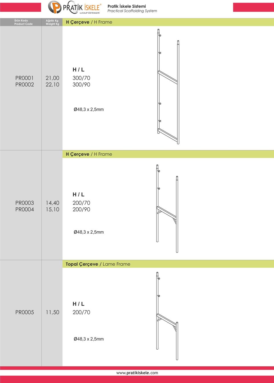 2,5mm H Çerçeve / H Frame PR0003 PR0004 14,40 15,10 H / L 200/70 200/90