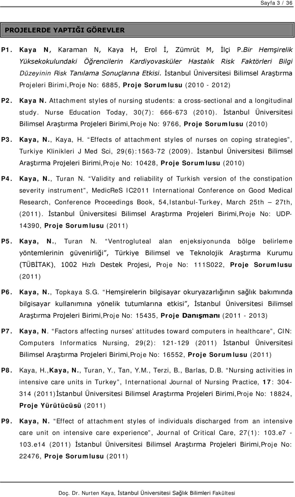 İstanbul Üniversitesi Bilimsel Araştırma Projeleri Birimi,Proje No: 6885, Proje Sorumlusu (2010-2012) P2. Kaya N. Attachment styles of nursing students: a cross-sectional and a longitudinal study.