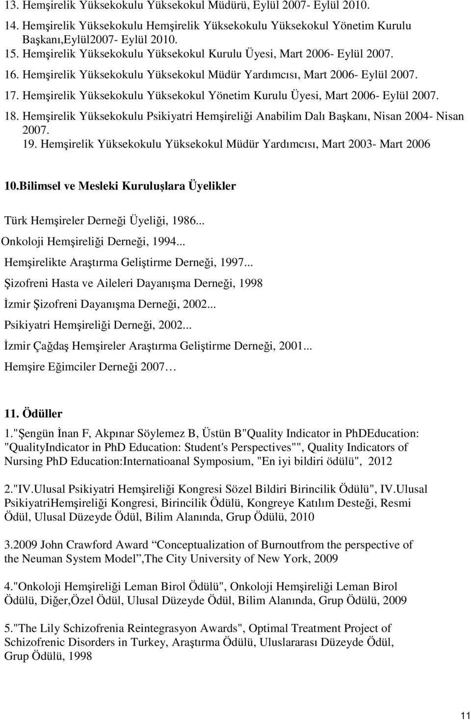 Hemşirelik Yüksekokulu Yüksekokul Yönetim Kurulu Üyesi, Mart 2006- Eylül 2007. 18. Hemşirelik Yüksekokulu Psikiyatri Hemşireliği Anabilim Dalı Başkanı, Nisan 2004- Nisan 2007. 19.