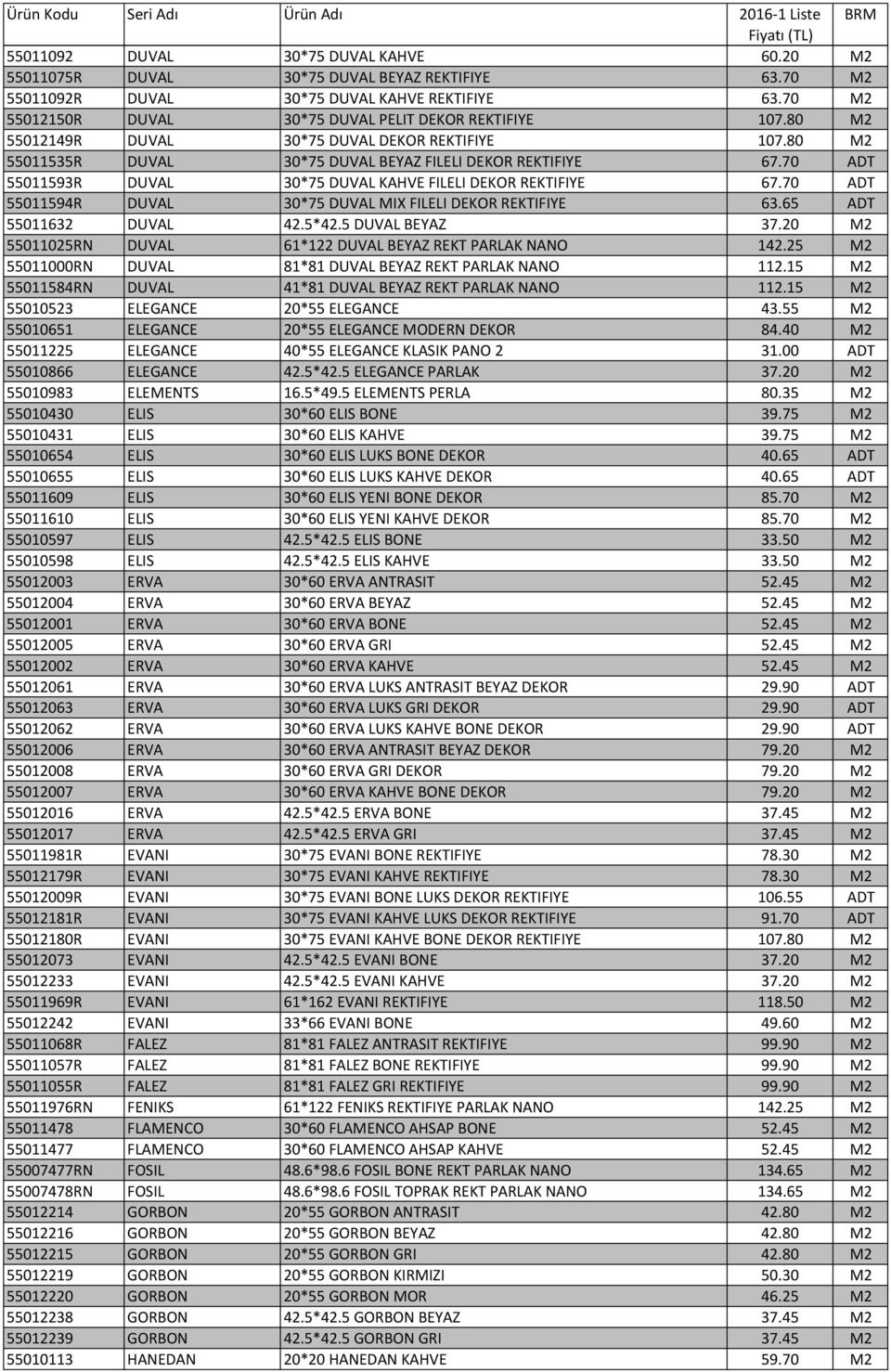 70 ADT 55011593R DUVAL 30*75 DUVAL KAHVE FILELI DEKOR REKTIFIYE 67.70 ADT 55011594R DUVAL 30*75 DUVAL MIX FILELI DEKOR REKTIFIYE 63.65 ADT 55011632 DUVAL 42.5*42.5 DUVAL BEYAZ 37.