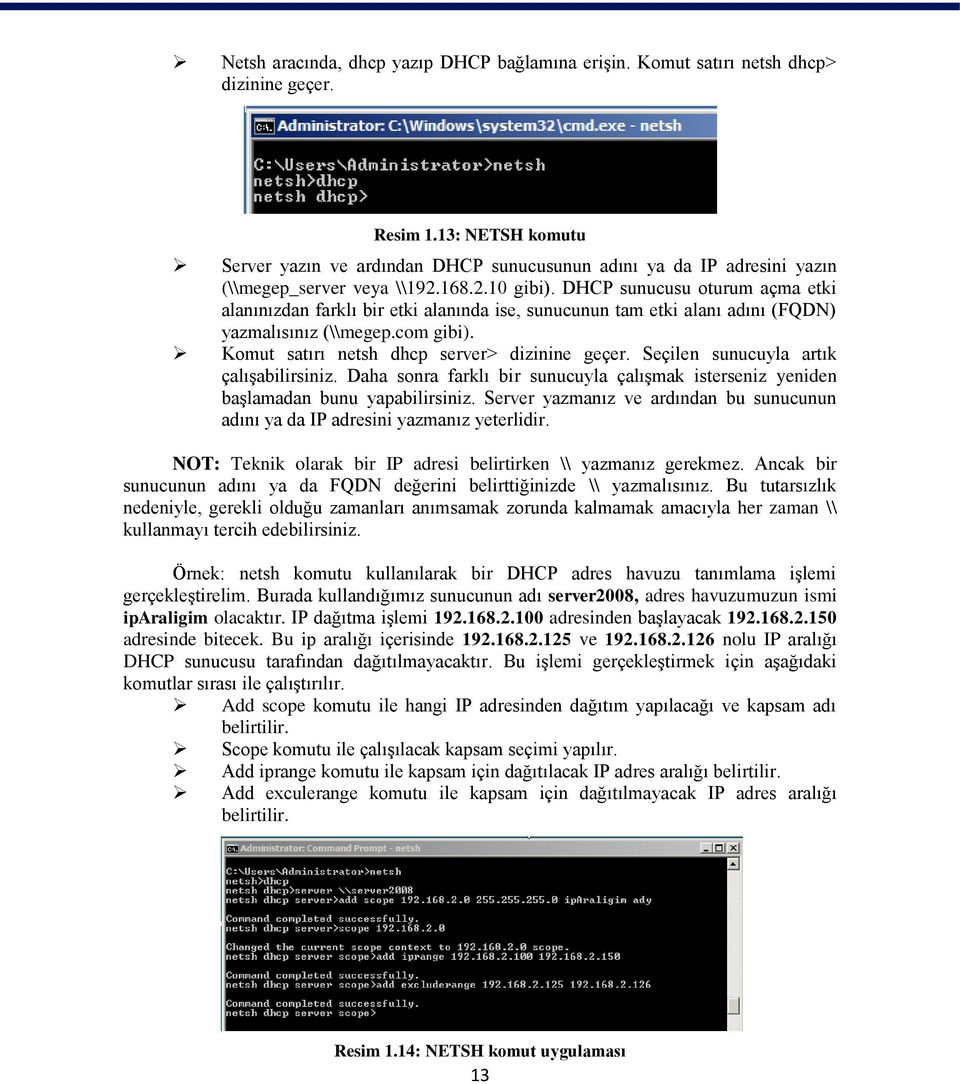 DHCP sunucusu oturum açma etki alanınızdan farklı bir etki alanında ise, sunucunun tam etki alanı adını (FQDN) yazmalısınız (\\megep.com gibi). Komut satırı netsh dhcp server> dizinine geçer.