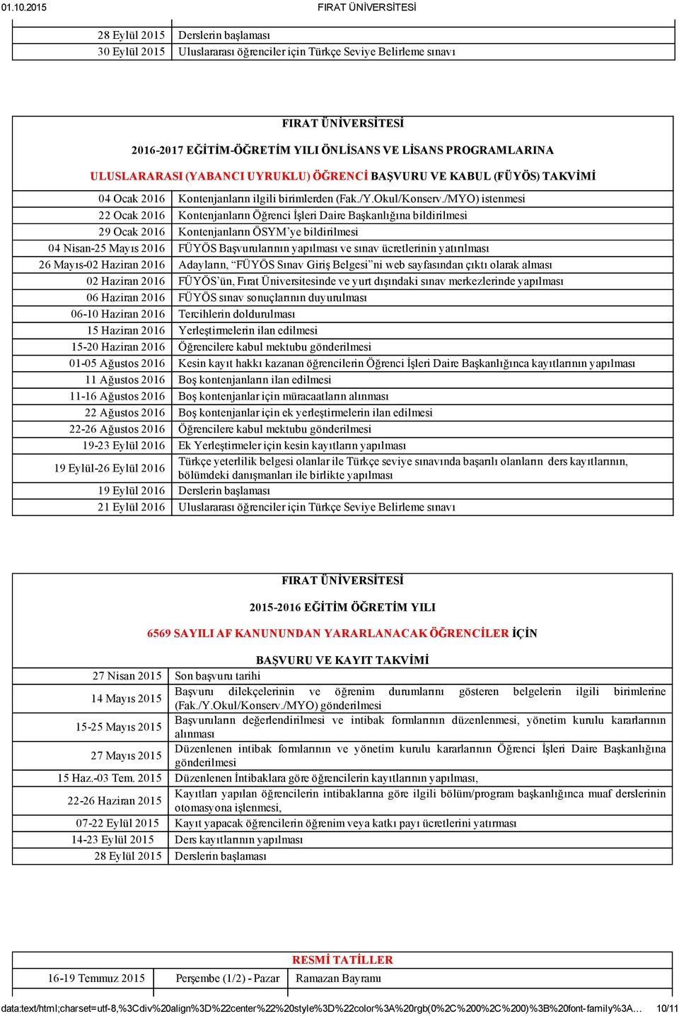 (FÜYÖS) TAKVİMİ 04 Ocak 2016 Kontenjanların ilgili birimlerden (Fak./Y.Okul/Konserv.