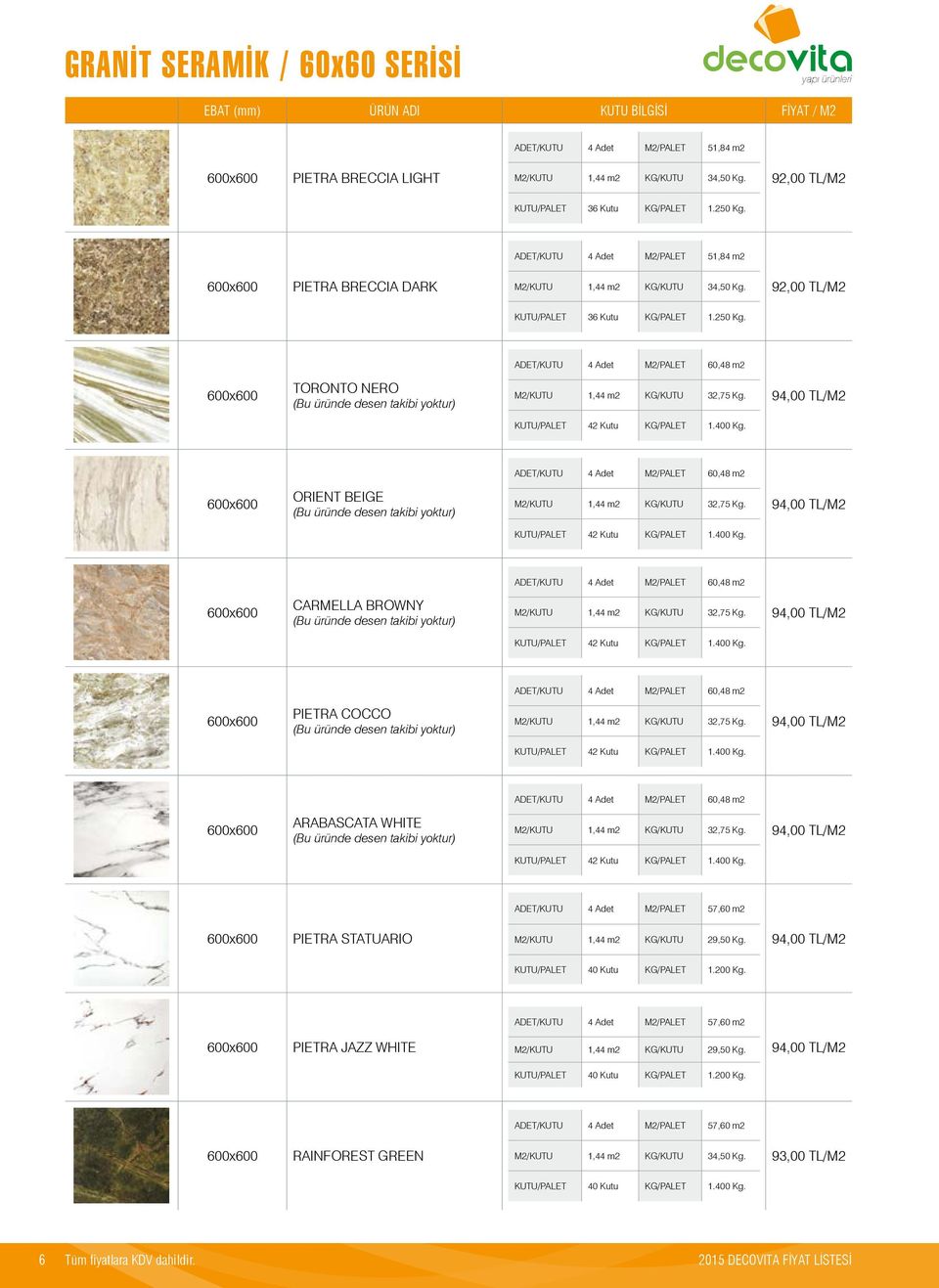 94,00 TL/M2 KUTU/PALET 42 Kutu KG/PALET 1.400 Kg. ADET/KUTU 4 Adet M2/PALET 60,48 m2 ORIENT BEIGE (Bu üründe desen takibi yoktur) M2/KUTU 1,44 m2 KG/KUTU 32,75 Kg.