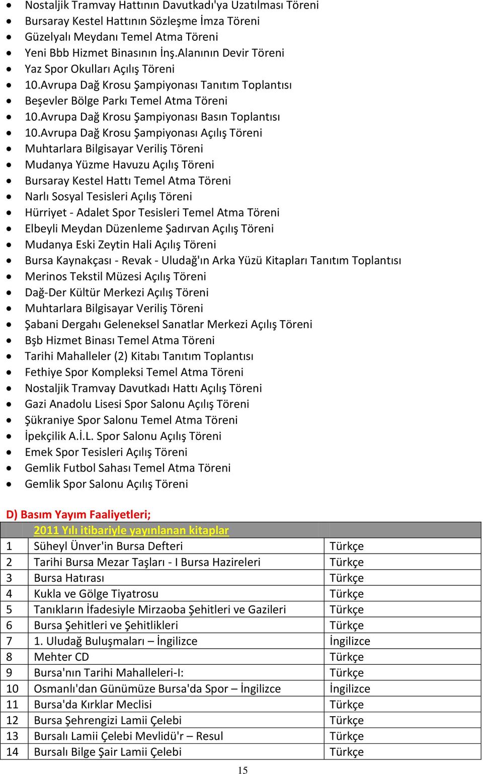 Avrupa Dağ Krosu Şampiyonası Açılış Töreni Muhtarlara Bilgisayar Veriliş Töreni Mudanya Yüzme Havuzu Açılış Töreni Bursaray Kestel Hattı Temel Atma Töreni Narlı Sosyal Tesisleri Açılış Töreni