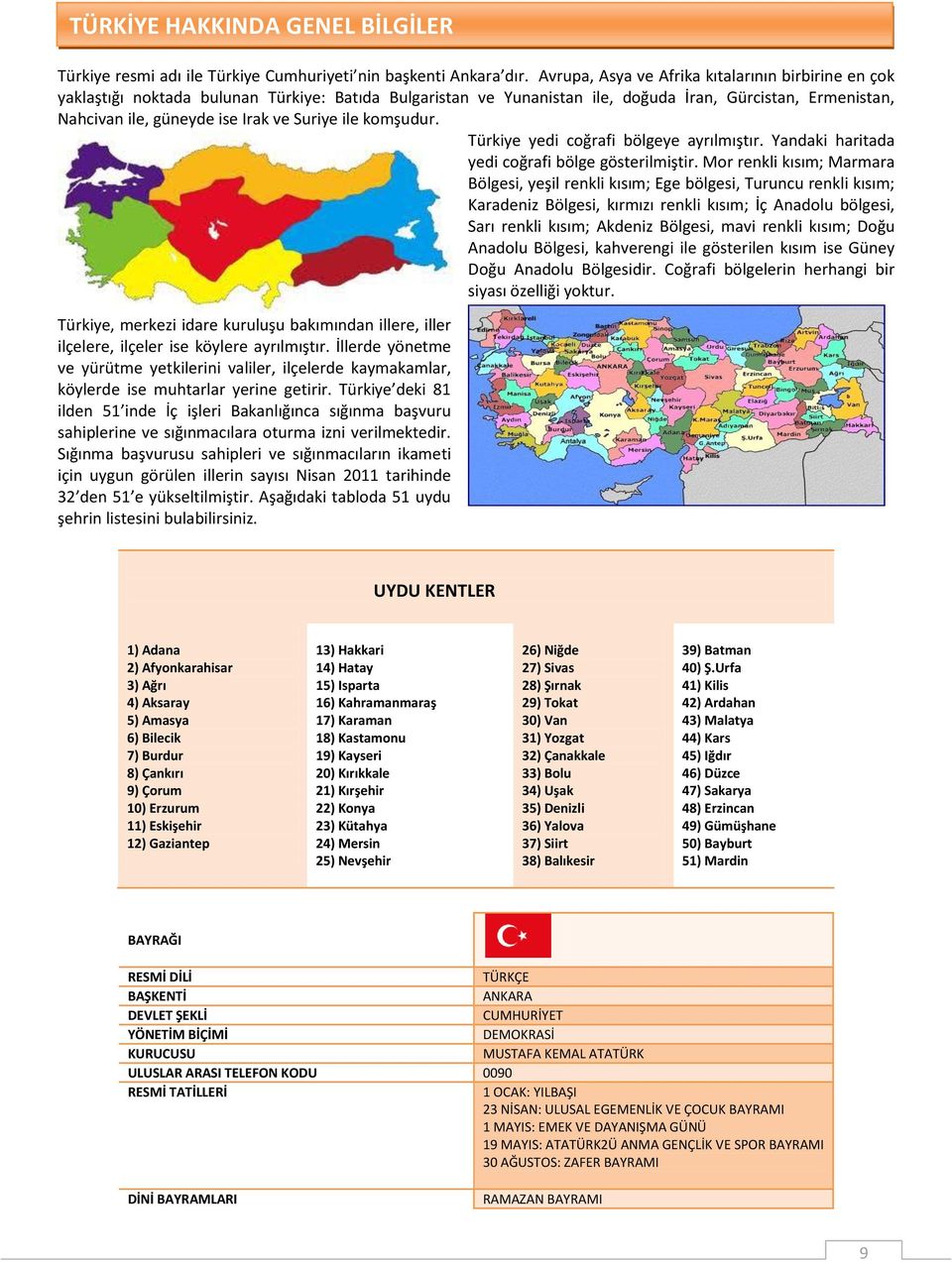 Suriye ile komşudur. Türkiye yedi coğrafi bölgeye ayrılmıştır. Yandaki haritada yedi coğrafi bölge gösterilmiştir.