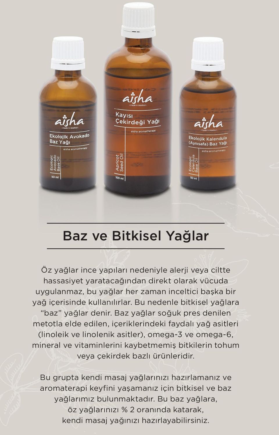 Baz yağlar soğuk pres denilen metotla elde edilen, içeriklerindeki faydalı yağ asitleri (linoleik ve linolenik asitler), omega-3 ve omega-6, mineral ve vitaminlerini