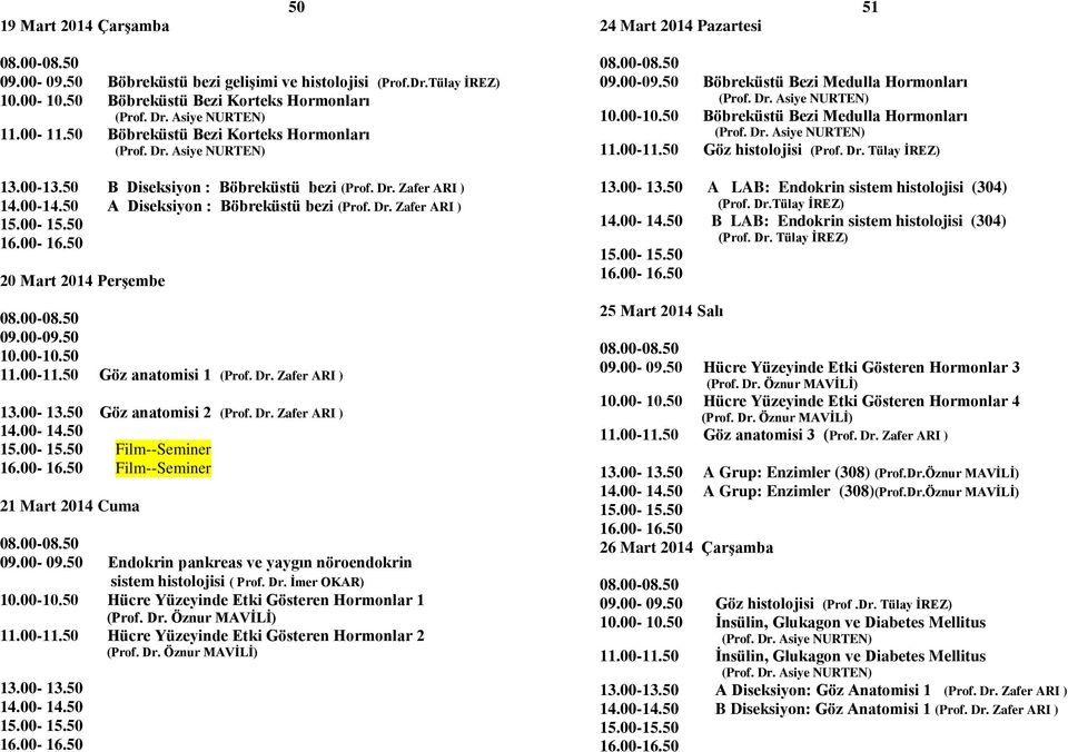 50 Göz anatomisi 1 Göz anatomisi 2 Film--Seminer Film--Seminer 21 Mart 2014 Cuma 09.00-09.50 Endokrin pankreas ve yaygın nöroendokrin sistem histolojisi ( Prof. Dr. İmer OKAR) 10.00-10.