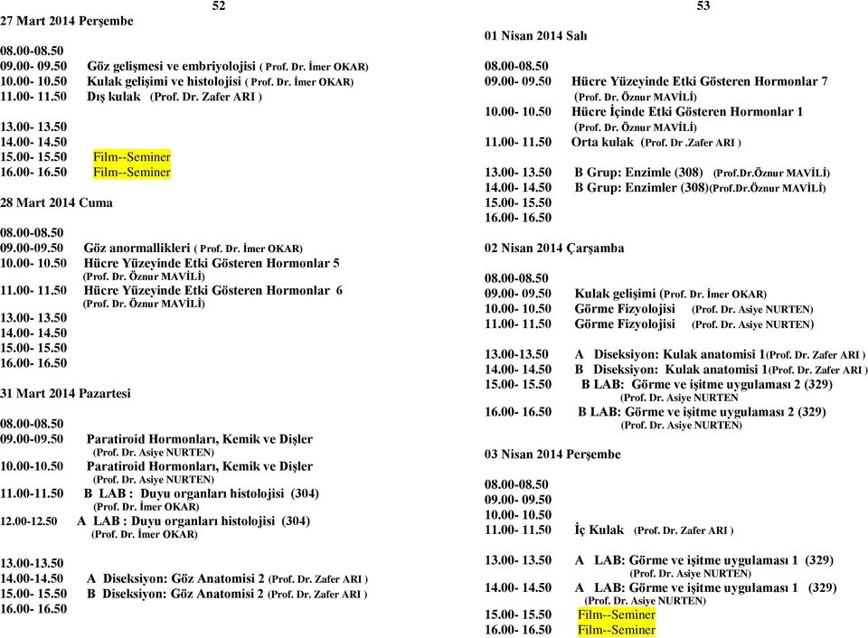 50 Hücre Yüzeyinde Etki Gösteren Hormonlar 6 31 Mart 2014 Pazartesi 09.00-09.50 Paratiroid Hormonları, Kemik ve Dişler 10.00-10.50 Paratiroid Hormonları, Kemik ve Dişler 11.00-11.