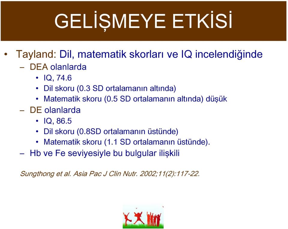 5 SD ortalamanın altında) düşük DE olanlarda IQ, 86.5 Dil skoru (0.