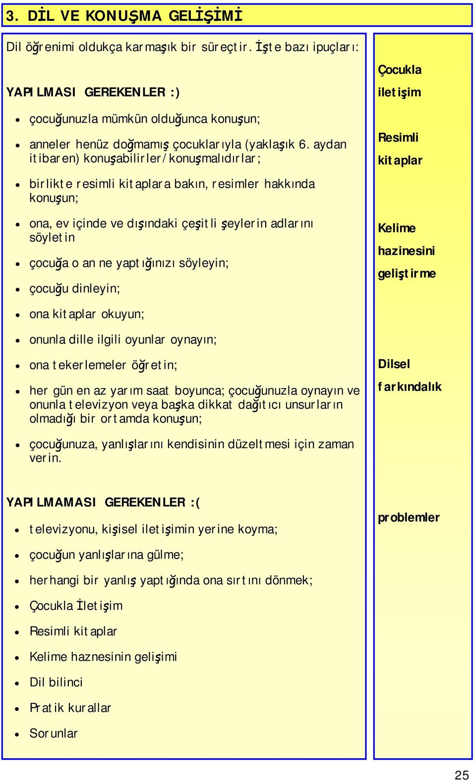 aydan itibaren) konuşabilirler/konuşmalıdırlar; birlikte resimli kitaplara bakın, resimler hakkında konuşun; ona, ev içinde ve dışındaki çeşitli şeylerin adlarını söyletin çocuğa o an ne yaptığınızı