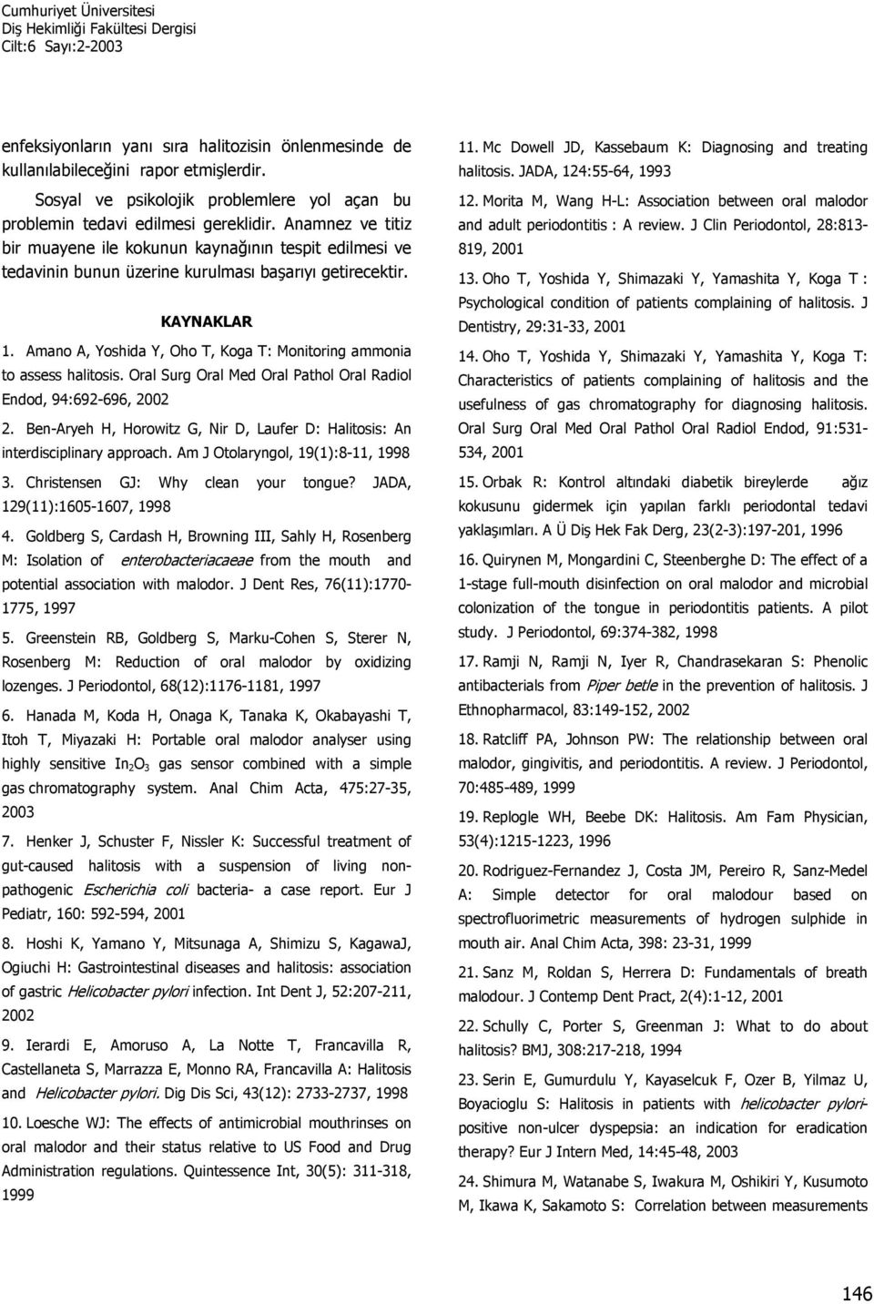 Amano A, Yoshida Y, Oho T, Koga T: Monitoring ammonia to assess halitosis. Oral Surg Oral Med Oral Pathol Oral Radiol Endod, 94:692-696, 2002 2.