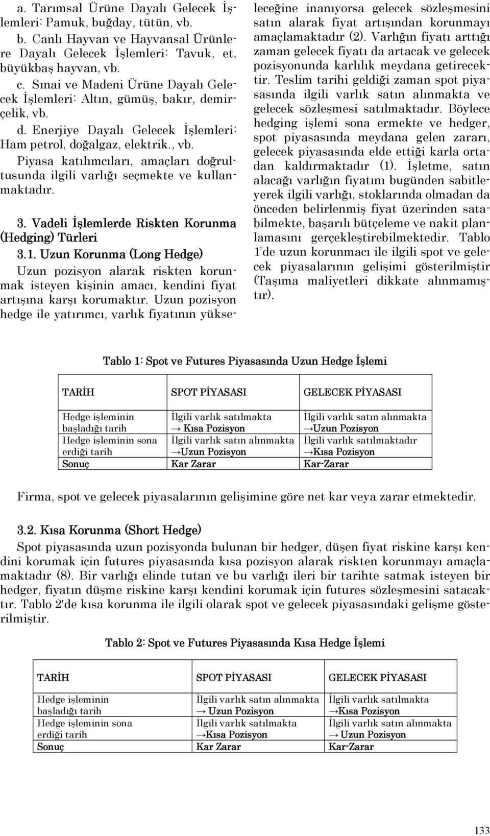 3. Vadeli İşlemlerde Riskten Korunma (Hedging) Türleri 3.1. Uzun Korunma (Long Hedge) Uzun pozisyon alarak riskten korunmak isteyen kişinin amacı, kendini fiyat artışına karşı korumaktır.