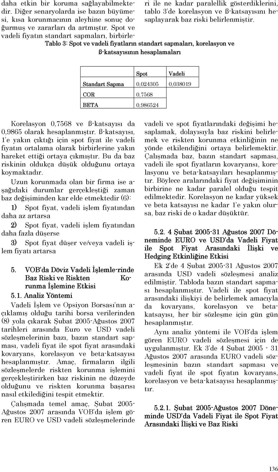 Tablo 3: Spot ve vadeli fiyatların standart sapmaları, korelasyon ve ß-katsayısının hesaplamaları Spot Vadeli Standart Sapma 0,024305 0,038019 COR 0,7568 BETA 0,986524 Korelasyon 0,7568 ve