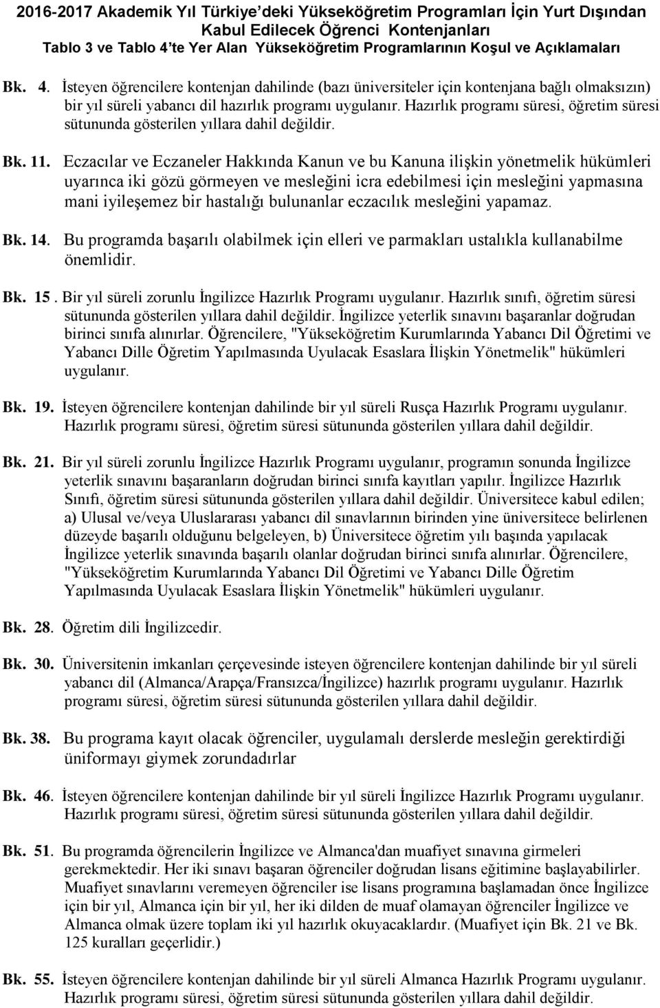 İsteyen öğrencilere kontenjan dahilinde (bazı üniversiteler için kontenjana bağlı olmaksızın) bir yıl süreli yabancı dil hazırlık programı Hazırlık programı süresi, öğretim süresi sütununda