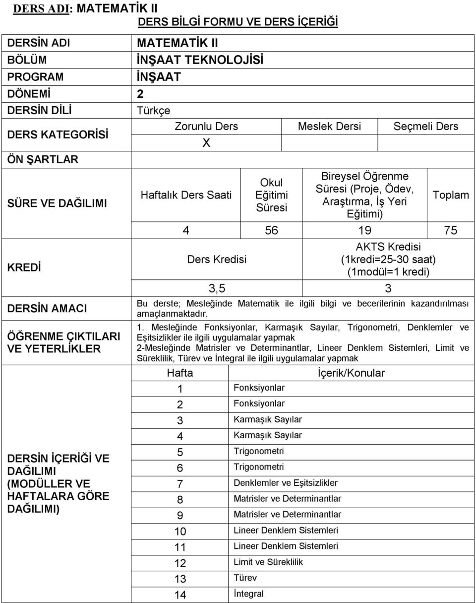 Mesleğinde Fonksiyonlar, Karmaşık Sayılar, Trigonometri, Denklemler ve Eşitsizlikler ile ilgili uygulamalar yapmak 2-Mesleğinde Matrisler ve Determinantlar, Lineer Denklem Sistemleri, Limit ve