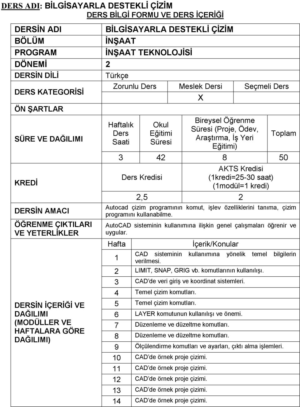 1 CAD sisteminin kullanımına yönelik temel bilgilerin verilmesi. 2 LIMIT, SNAP, GRIG vb. komutlarının kullanılışı. 3 CAD de veri giriş ve koordinat sistemleri. 4 Temel çizim komutları.