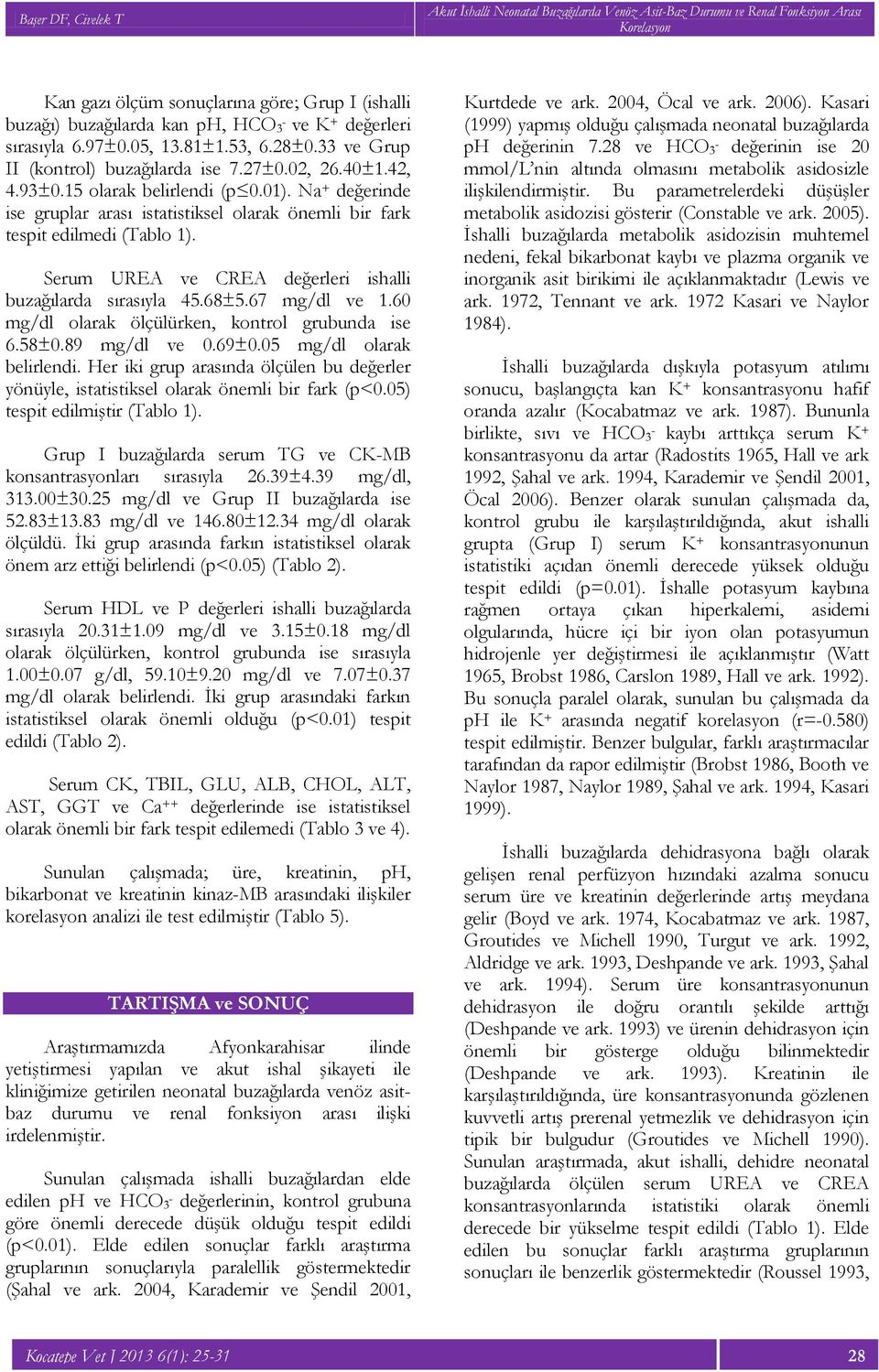 Serum UREA ve CREA değerleri ishalli buzağılarda sırasıyla 45.68±5.67 mg/dl ve 1.60 mg/dl olarak ölçülürken, kontrol grubunda ise 6.58±0.89 mg/dl ve 0.69±0.05 mg/dl olarak belirlendi.