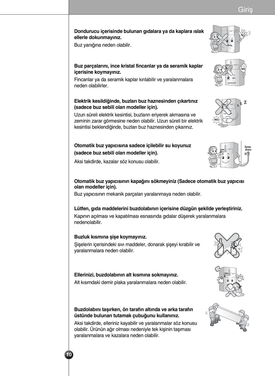 Uzun süreli elektrik kesintisi, buzlar n eriyerek akmas na ve zeminin zarar görmesine neden olabilir. Uzun süreli bir elektrik kesintisi beklendi inde, buzlar buz haznesinden ç kar n z.