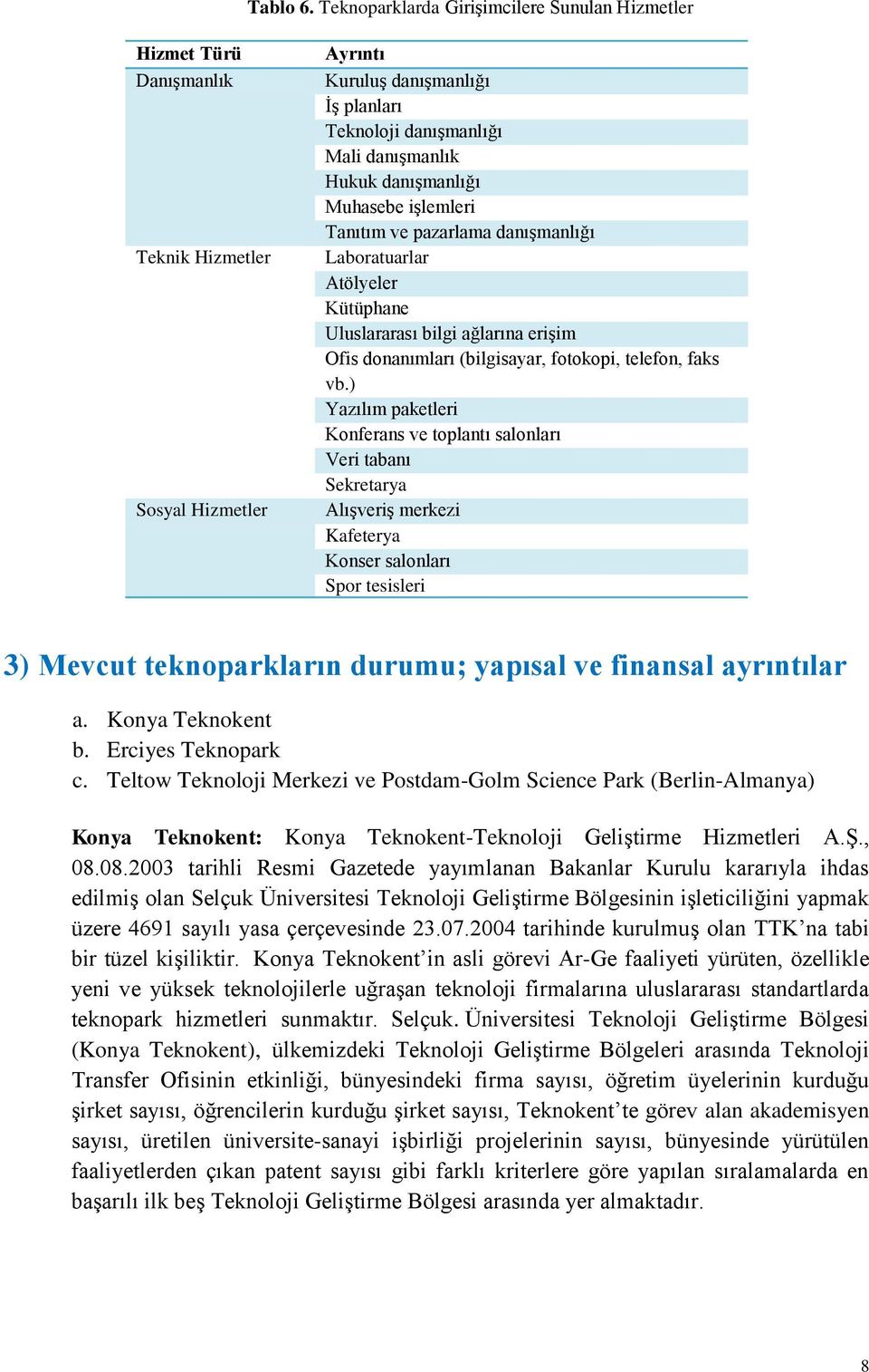 danışmanlığı Muhasebe işlemleri Tanıtım ve pazarlama danışmanlığı Laboratuarlar Atölyeler Kütüphane Uluslararası bilgi ağlarına erişim Ofis donanımları (bilgisayar, fotokopi, telefon, faks vb.