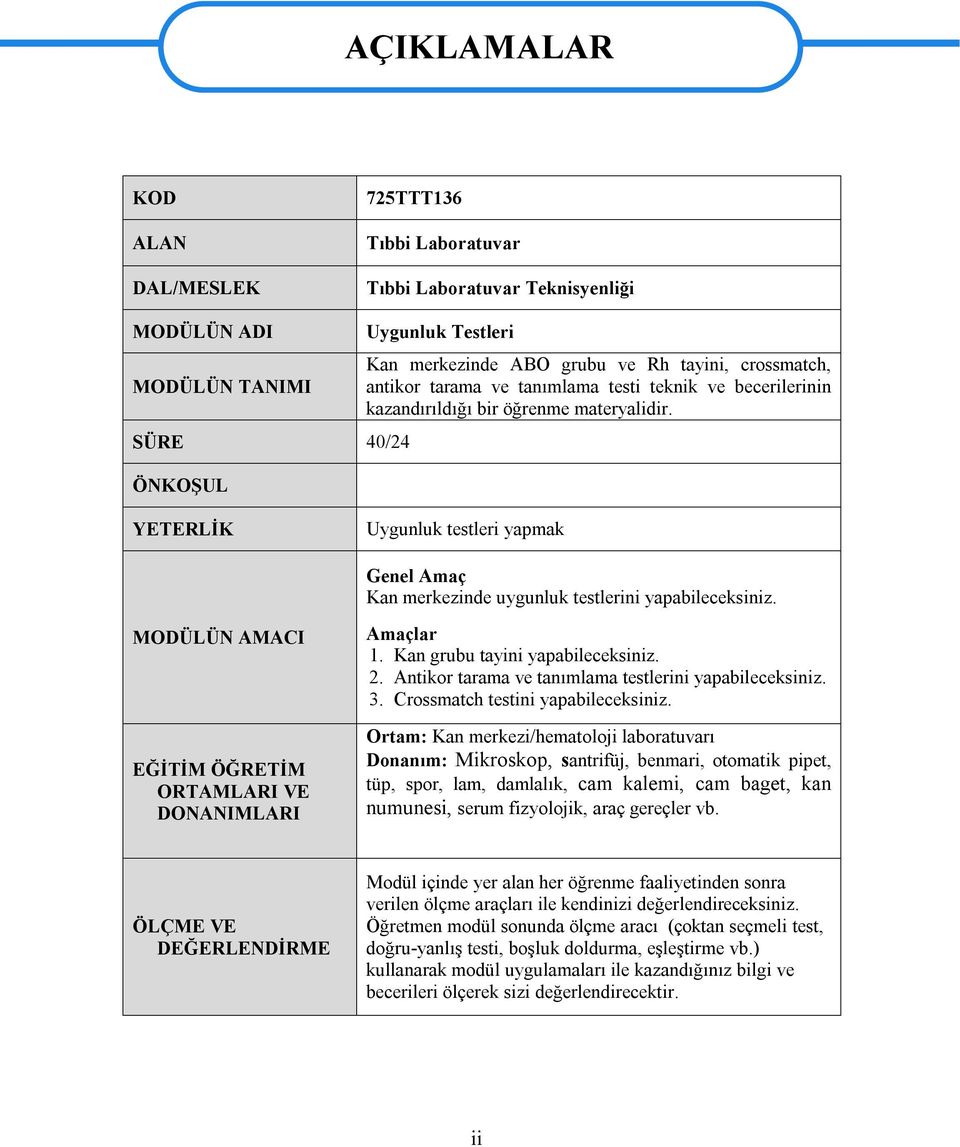 YETERLİK Uygunluk testleri yapmak Genel Amaç Kan merkezinde uygunluk testlerini yapabileceksiniz. MODÜLÜN AMACI EĞİTİM ÖĞRETİM ORTAMLARI VE DONANIMLARI Amaçlar 1. Kan grubu tayini yapabileceksiniz. 2.