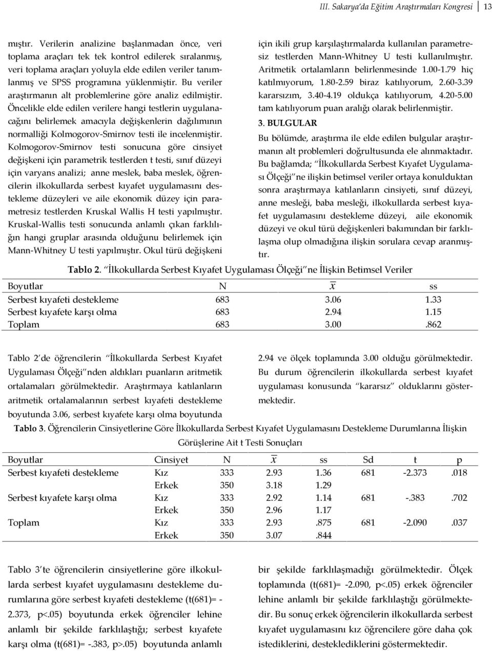 Bu veriler araştırmanın alt problemlerine göre analiz edilmiştir.