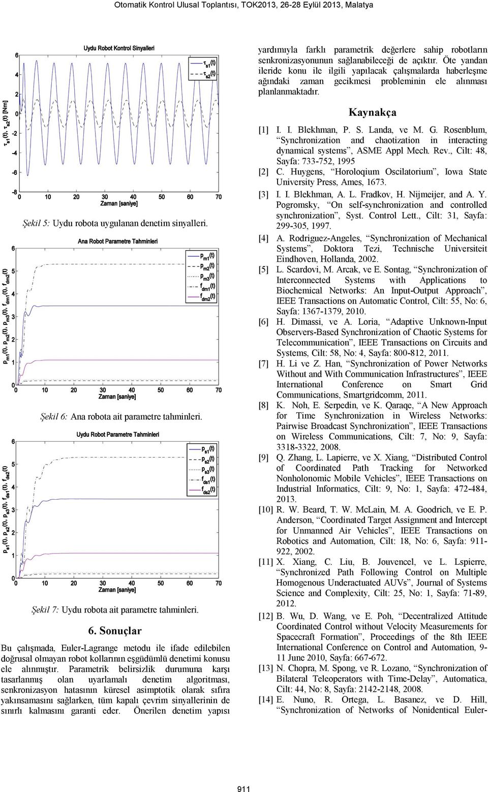 Şekil 6: Ana robota ait parametre tahminleri. Şekil 7: Uydu robota ait parametre tahminleri. 6. Sonuçlar Bu çalışmada, Euler-Lagrange metodu ile ifade edilebilen doğrusal olmayan robot kollarının eşgüdümlü denetimi konusu ele alınmıştır.