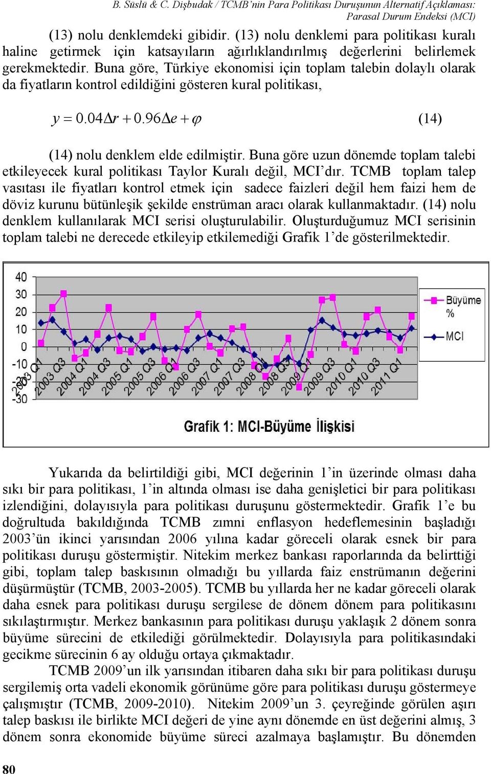 Buna göre, Türkiye ekonomisi için toplam talebin dolaylı olarak da fiyatların kontrol edildiğini gösteren kural politikası, y = 0.04Δ r+ 0.96Δ e+ ϕ (14) (14) nolu denklem elde edilmiştir.