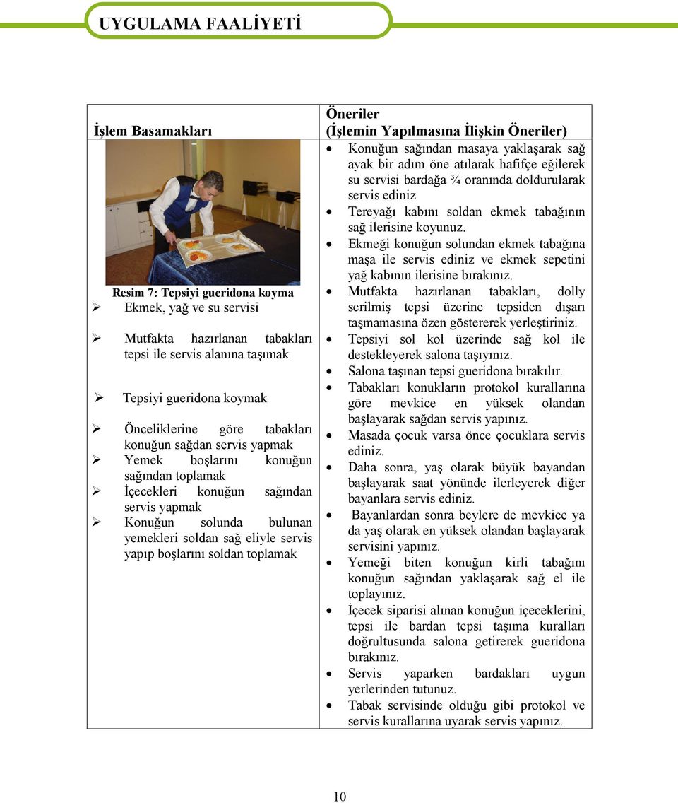 eliyle servis yapıp boşlarını soldan toplamak Öneriler (İşlemin Yapılmasına İlişkin Öneriler) Konuğun sağından masaya yaklaşarak sağ ayak bir adım öne atılarak hafifçe eğilerek su servisi bardağa ¾