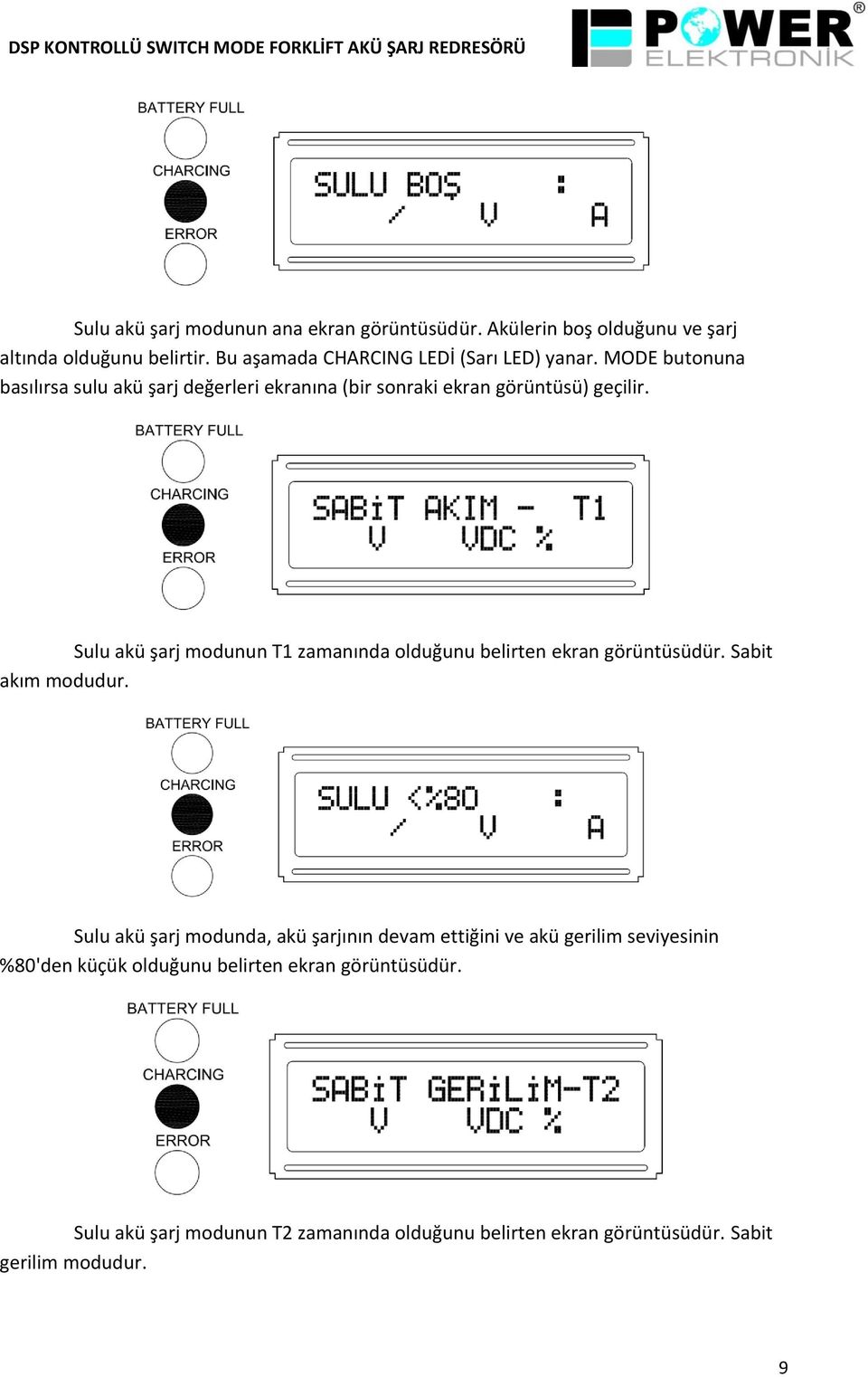 Sulu akü şarj modunun T1 zamanında olduğunu belirten ekran görüntüsüdür. Sabit akım modudur.