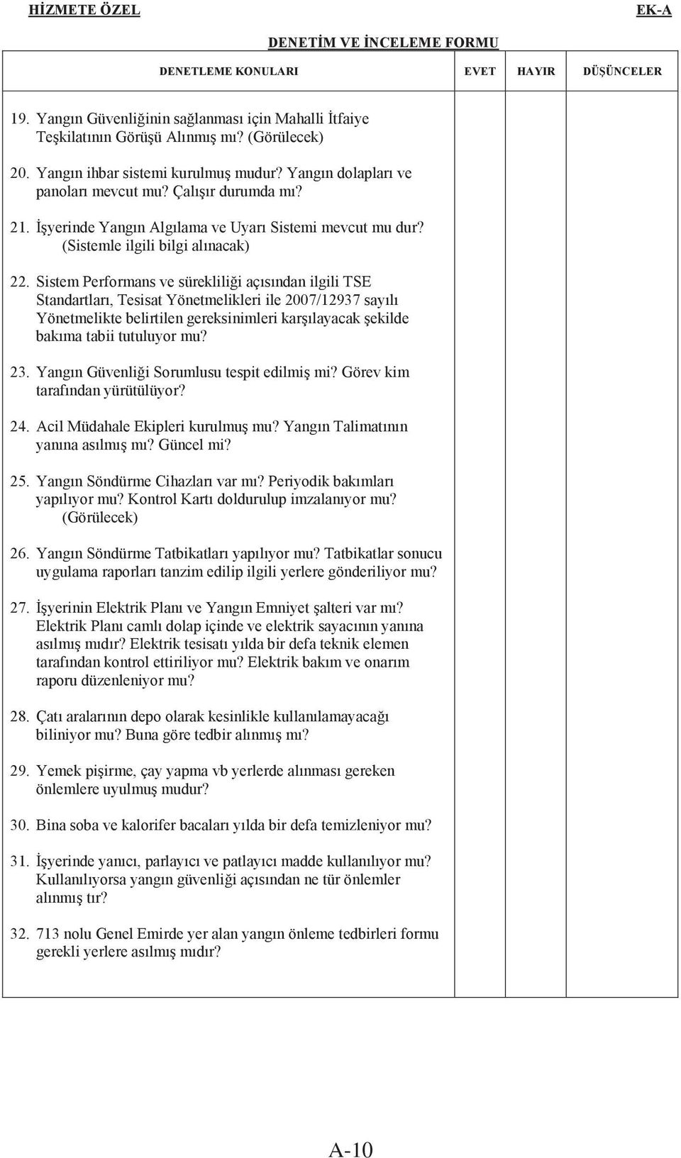 Sistem Performans ve süreklilii açısından ilgili TSE Standartları, Tesisat Yönetmelikleri ile 2007/12937 sayılı Yönetmelikte belirtilen gereksinimleri karılayacak ekilde bakıma tabii tutuluyor mu? 23.