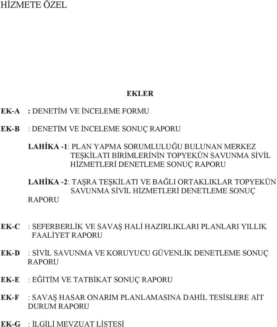 HZMETLER DENETLEME SONUÇ RAPORU EK-C EK-D EK-E EK-F EK-G : SEFERBERLK VE SAVA HAL HAZIRLIKLARI PLANLARI YILLIK FAALYET RAPORU : SVL SAVUNMA